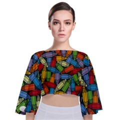 Colored Pencils Pens Paint Color Tie Back Butterfly Sleeve Chiffon Top by Sapixe