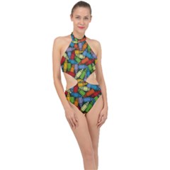 Colored Pencils Pens Paint Color Halter Side Cut Swimsuit by Sapixe