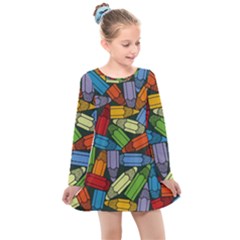 Colored Pencils Pens Paint Color Kids  Long Sleeve Dress