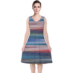 Background Horizontal Lines V-neck Midi Sleeveless Dress  by Sapixe