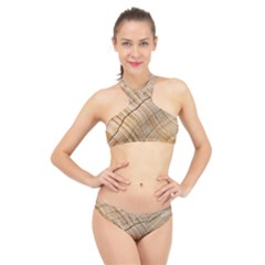 Abstract Brown Tree Timber Pattern High Neck Bikini Set