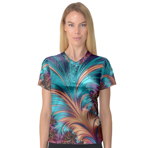 Feather Fractal Artistic Design V-neck Sport Mesh Tee by Sapixe