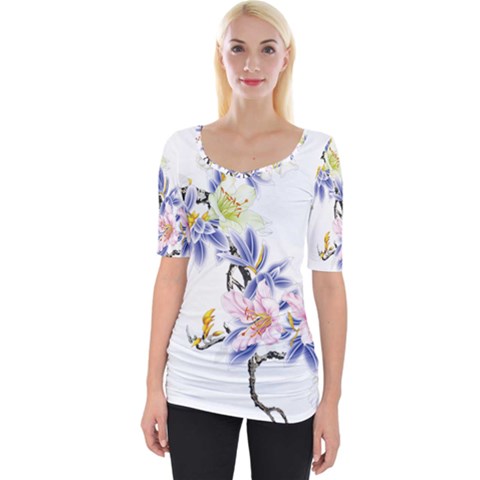 Lily Hand Painted Iris Wide Neckline Tee by Sapixe