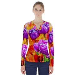 Tulip Flowers V-neck Long Sleeve Top by FunnyCow