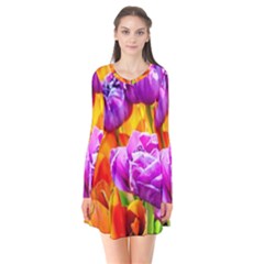 Tulip Flowers Long Sleeve V-neck Flare Dress by FunnyCow