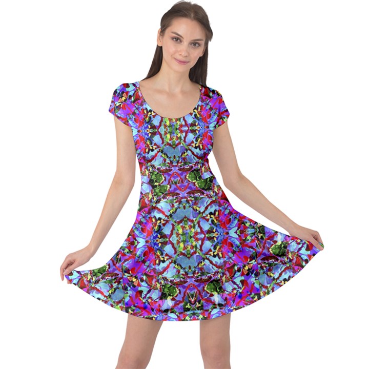 Multicolored Floral Collage Pattern 7200 Cap Sleeve Dress