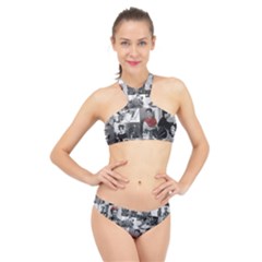 Frida Kahlo Pattern High Neck Bikini Set by Valentinaart