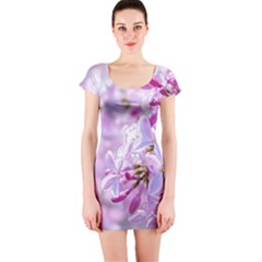 Pink Lilac Flowers Short Sleeve Bodycon Dress by FunnyCow