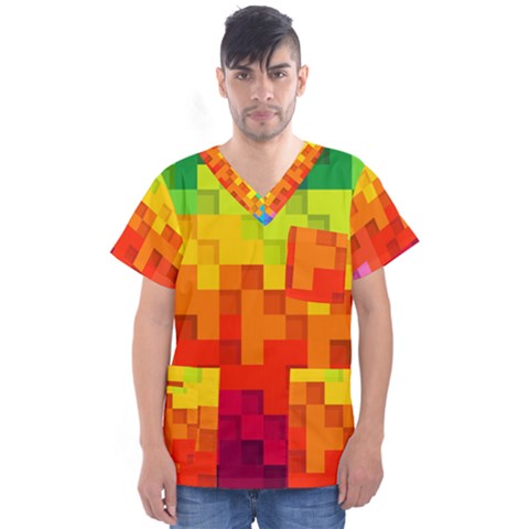 Abstract Background Square Colorful Men s V-neck Scrub Top by Nexatart