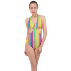 Background Colorful Abstract Halter Front Plunge Swimsuit