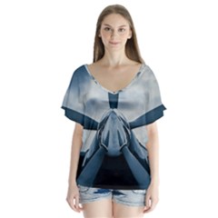 Propeller - Sky Challenger V-neck Flutter Sleeve Top by FunnyCow