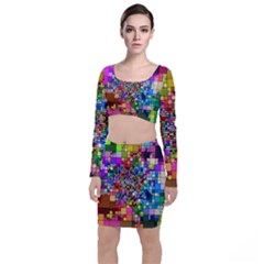 Abstract Squares Arrangement Long Sleeve Crop Top & Bodycon Skirt Set