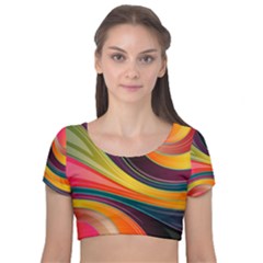 Abstract Colorful Background Wavy Velvet Short Sleeve Crop Top 