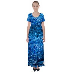 Water Color Blue High Waist Short Sleeve Maxi Dress