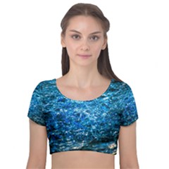 Water Color Blue Velvet Short Sleeve Crop Top 