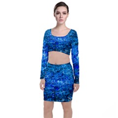 Water Color Navy Blue Long Sleeve Crop Top & Bodycon Skirt Set