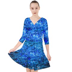 Water Color Navy Blue Quarter Sleeve Front Wrap Dress