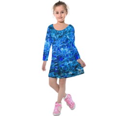 Water Color Navy Blue Kids  Long Sleeve Velvet Dress by FunnyCow