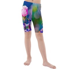 Pink Rose Flower Kids  Mid Length Swim Shorts