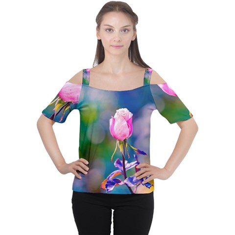 Pink Rose Flower Cutout Shoulder Tee by FunnyCow