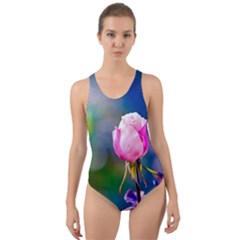 Pink Rose Flower Cut-out Back One Piece Swimsuit by FunnyCow