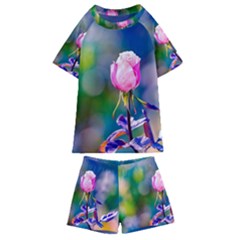 Pink Rose Flower Kids  Swim Tee And Shorts Set