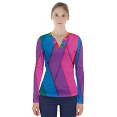 Abstract Background Colorful Strips V-neck Long Sleeve Top by Nexatart