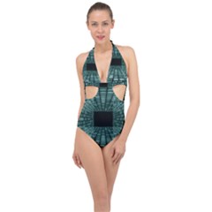 Abstract Perspective Background Halter Front Plunge Swimsuit