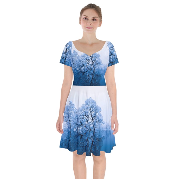 Nature Inspiration Trees Blue Short Sleeve Bardot Dress