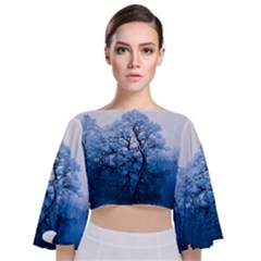 Nature Inspiration Trees Blue Tie Back Butterfly Sleeve Chiffon Top