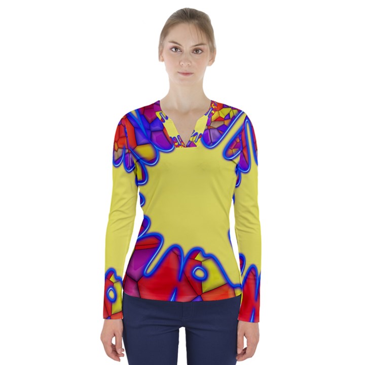 Embroidery Dab Color Spray V-Neck Long Sleeve Top