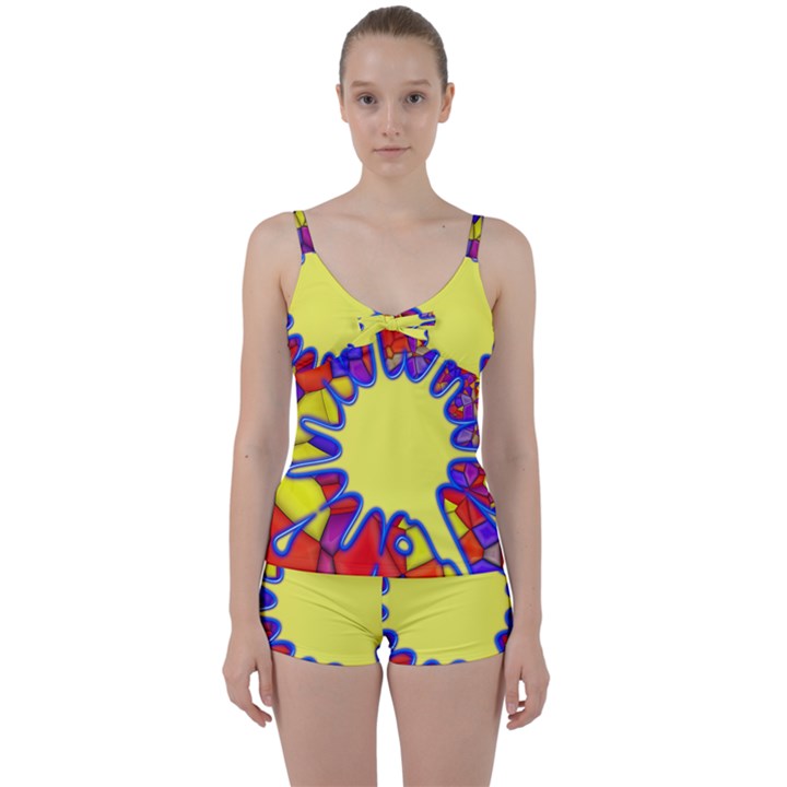 Embroidery Dab Color Spray Tie Front Two Piece Tankini