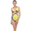 Embroidery Dab Color Spray Halter Front Plunge Swimsuit View1