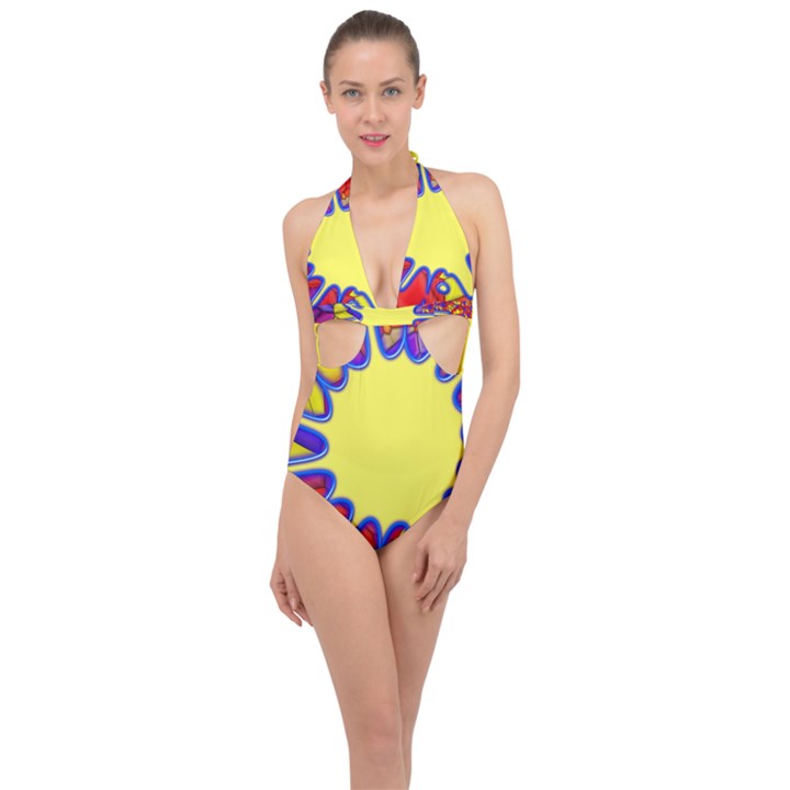 Embroidery Dab Color Spray Halter Front Plunge Swimsuit