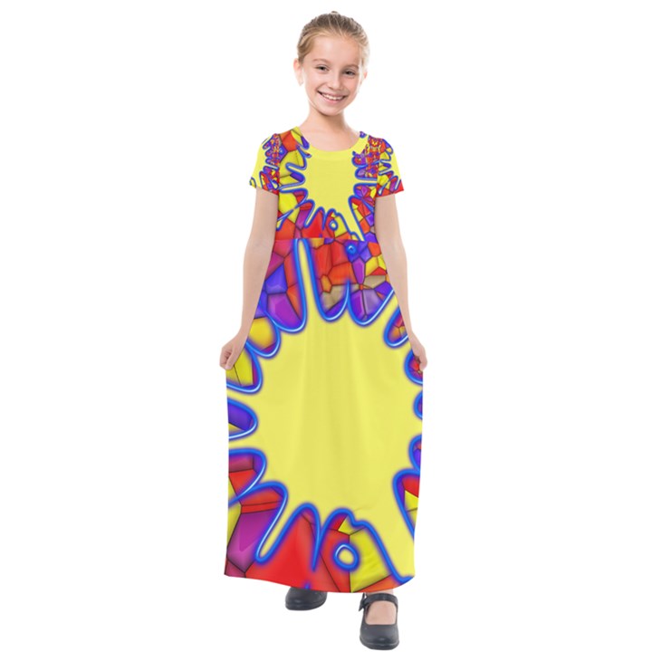 Embroidery Dab Color Spray Kids  Short Sleeve Maxi Dress