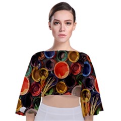 Color Box Colorful Art Artwork Tie Back Butterfly Sleeve Chiffon Top