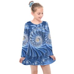 Blue Fractal Abstract Spiral Kids  Long Sleeve Dress by Nexatart