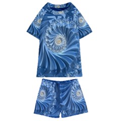 Blue Fractal Abstract Spiral Kids  Swim Tee And Shorts Set by Nexatart