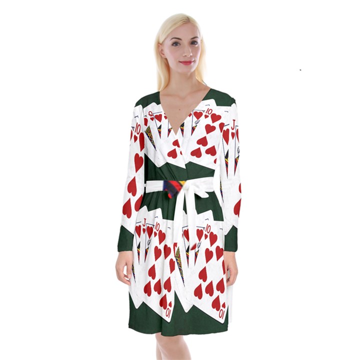 Poker Hands   Royal Flush Hearts Long Sleeve Velvet Front Wrap Dress