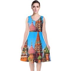 Moscow Kremlin And St  Basil Cathedral V-neck Midi Sleeveless Dress  by FunnyCow