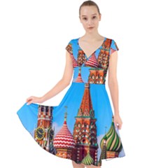 Moscow Kremlin And St  Basil Cathedral Cap Sleeve Front Wrap Midi Dress by FunnyCow