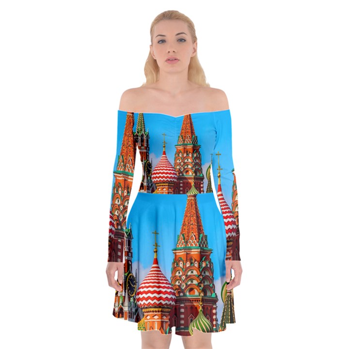 Moscow Kremlin and St. Basil Cathedral Off Shoulder Skater Dress