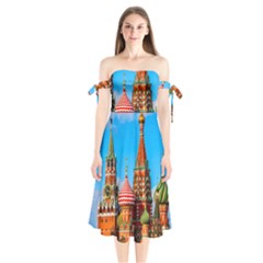 Moscow Kremlin And St  Basil Cathedral Shoulder Tie Bardot Midi Dress by FunnyCow