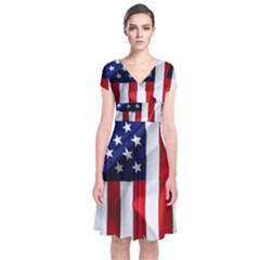 American Usa Flag Vertical Short Sleeve Front Wrap Dress by FunnyCow