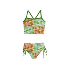 Green & Orange Checkered Fish Scale Print Girls  Tankini Swimsuit by PattyVilleDesigns