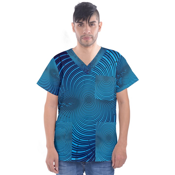 Blue Background Brush Particles Wave Men s V-Neck Scrub Top