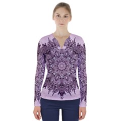 Mandala Pattern Fractal V-neck Long Sleeve Top by Nexatart