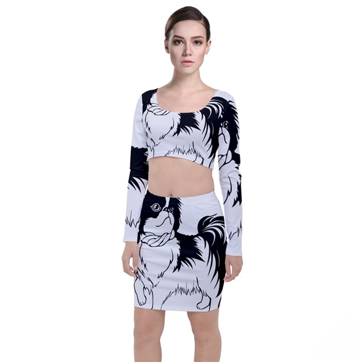 Animal Canine Dog Japanese Chin Long Sleeve Crop Top & Bodycon Skirt Set