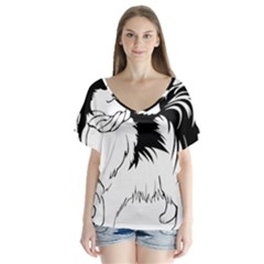 Animal Canine Dog Japanese Chin V-neck Flutter Sleeve Top by Sapixe