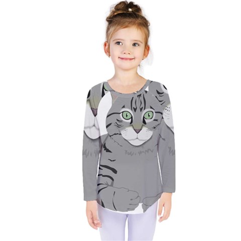 Cat Kitty Gray Tiger Tabby Pet Kids  Long Sleeve Tee by Sapixe